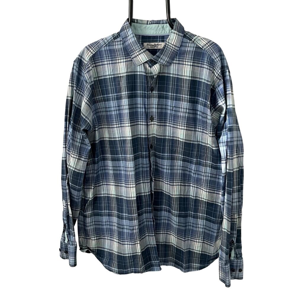 Tommy Bahama Men's 2XL Blue Plaid Pima Cotton Long Sleeve Button Up Shirt